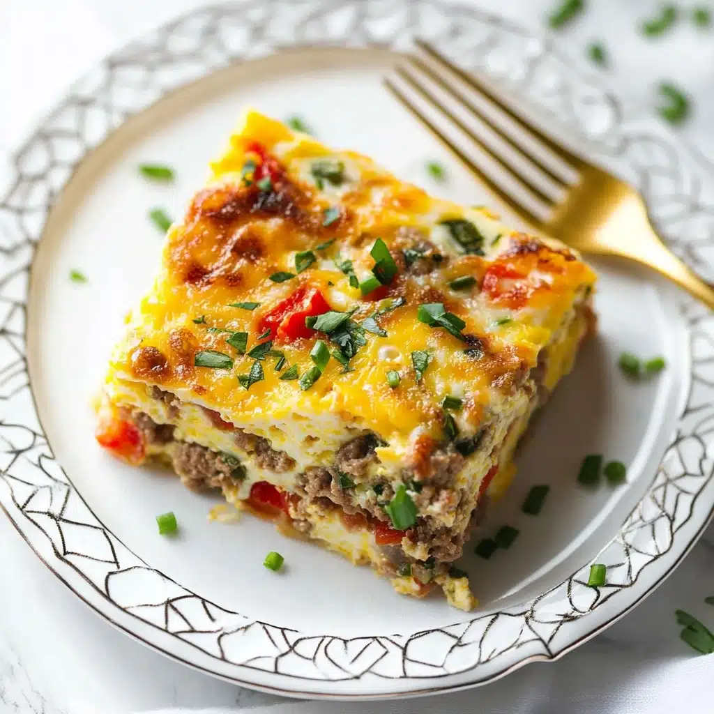 Sausage Hashbrown Breakfast Casserole, breakfast casserole with sausage and hashbrowns, easy breakfast recipes for busy mornings, savory breakfast casserole, make-ahead breakfast dish A square piece of a baked egg dish sits on a white plate with a patterned rim on a white marbled surface. The dish has three visible layers: the top layer is golden yellow melted cheese with bits of red pepper and green herbs scattered throughout, the middle layer is pale yellow eggs mixed with cooked ground meat and more herbs, and the bottom layer is similar to the middle but slightly denser. On the plate, a gold fork holds a small bite showing all three layers clearly. Small green onion slices are sprinkled on top and around the dish.