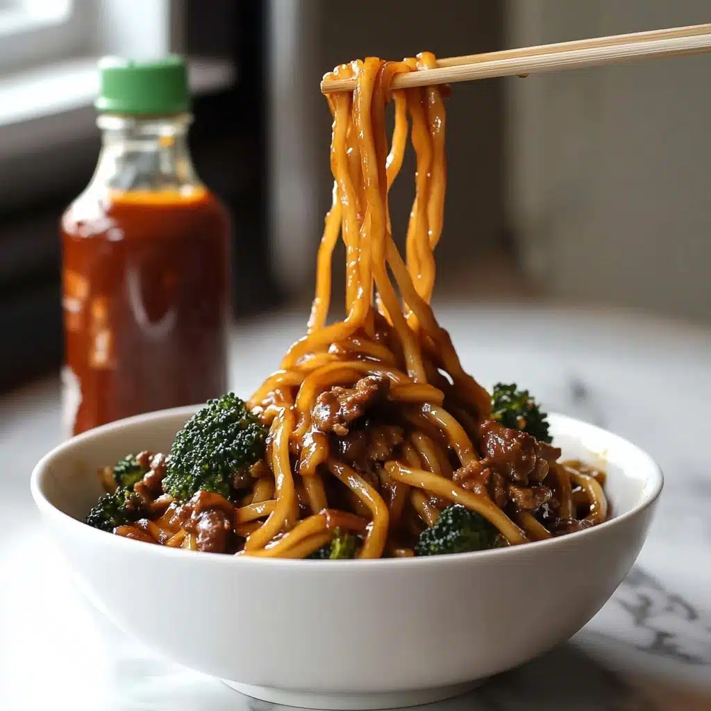 Beef and Broccoli Stir-Fry, quick beef stir-fry, easy beef broccoli recipe, healthy beef stir-fry, weeknight dinner ideas A white bowl holds a serving of thick, orange-brown noodles mixed with dark green broccoli and pieces of brown meat. The noodles are glossy and coated with sauce. A woman's hand is lifting some noodles with light-colored chopsticks above the bowl, showing long strands hanging down. The bowl sits on a white marbled surface, and in the background, a bottle of red sauce with a green top and blurred kitchen details can be seen.