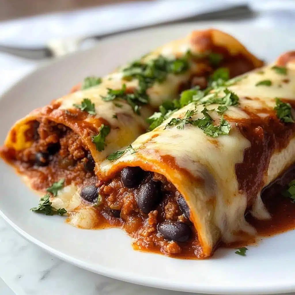 Beef Enchiladas, easy beef enchiladas recipe, homemade enchiladas with beef, cheesy beef enchiladas, quick Mexican beef casserole Two rolled tortillas lie side by side on a white plate, each filled with a dark, finely ground meat mixed with small black beans. The tortillas are covered with a bright red sauce, topped with melted pale yellow cheese that melts into the sauce. Small pieces of fresh green herbs are sprinkled on top, adding color contrast. The white plate sits on a white marbled surface, and a silver fork can be seen blurred in the background.