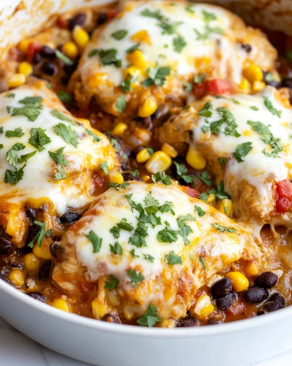 Santa Fe Chicken with Black Beans, Corn, and Cheese, easy Santa Fe chicken recipe, flavorful Mexican chicken dinner, weeknight healthy chicken meal, smoky chili chicken The dish shows four pieces of cooked chicken topped with melted cheese that is white and yellow, with a smooth, creamy texture. Under the cheese are visible layers of black beans, corn, and small diced red tomatoes mixed with green herbs, all spread evenly over the chicken. The chicken pieces sit closely together in a white pan, with more corn and beans filling the spaces between them. The background is a white marbled surface with soft light illuminating the dish, making the colors bright and fresh.