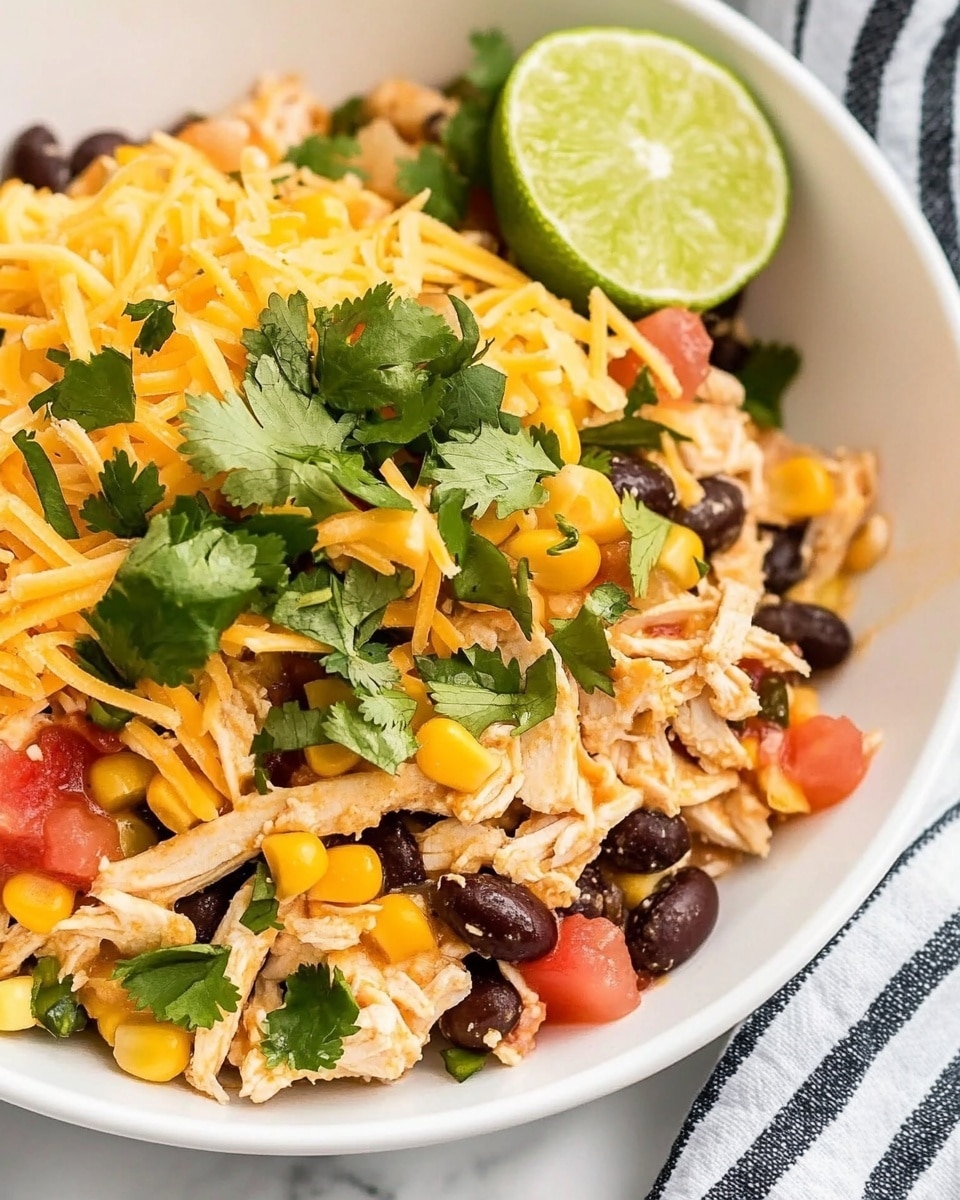 Instant Pot Santa Fe Chicken Burrito Bowls, Mexican chicken bowl recipes, quick healthy dinner ideas, easy Instant Pot chicken recipes, flavorful weeknight meals The dish is presented in a white bowl with the first layer of light brown rice at the bottom, topped with a mix of shredded chicken, black beans, diced red tomatoes, and yellow corn kernels evenly spread across the middle layer. On top of this, there is a dollop of white sour cream in the center, covered with a generous layer of shredded bright orange cheese. Fresh chopped green lettuce fills half of the bowl along the edge, and chopped cilantro is sprinkled on top of the cheese and sour cream. A green lime wedge rests on the side of the bowl. The bowl sits on a white marbled surface with small clear bowls containing more chopped cilantro, lettuce, sour cream, and lime wedges surrounding it. A black fork rests nearby on a gray and white striped cloth.