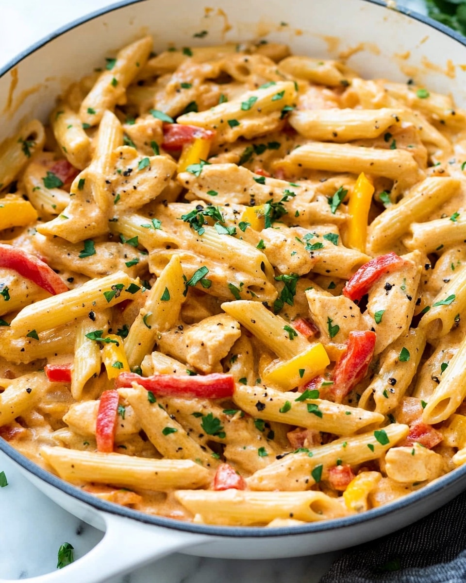 One Pot Cajun Chicken Pasta, Cajun chicken pasta, easy Cajun pasta recipe, creamy Cajun pasta, quick weeknight dinner A white pan filled with a creamy pasta dish that has 3 layers: the base layer is light yellow penne pasta, mixed evenly with irregular pieces of light brown cooked chicken, followed by bright red and yellow bell pepper strips scattered throughout, and topped with fresh green parsley sprinkled all over. The creamy sauce lightly coats every piece, creating a smooth texture that mingles with the colorful ingredients. The pan sits on a white marbled surface with a dark cloth partially underneath it, making the dish look warm and inviting.