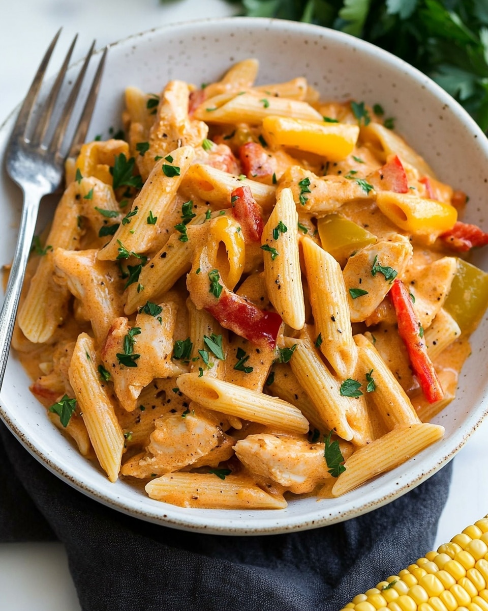 One Pot Cajun Chicken Pasta, Cajun chicken pasta, easy Cajun pasta recipe, creamy Cajun pasta, quick weeknight dinner A white bowl filled with creamy penne pasta mixed with small pieces of light brown chicken, red and yellow bell pepper strips, all coated in a light orange sauce. The pasta and chicken are topped with dark green parsley leaves and small sprinkled herbs. A silver fork rests on the left edge of the bowl. The bowl sits on a dark cloth on a white marbled surface, with some green herbs scattered nearby and a yellow corn cob partially visible at the bottom right.