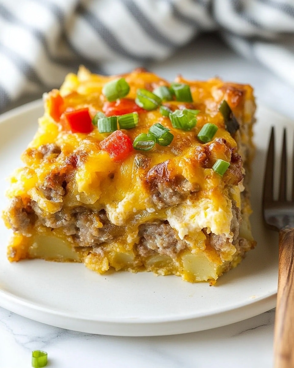 Tater Tot Breakfast Casserole with Sausage and Cheddar, breakfast casserole with sausage and cheese, cheesy breakfast casserole, easy brunch casserole, savory breakfast dish A square piece of breakfast casserole sits on a white plate, layered with a golden crispy base, a middle layer of soft, creamy potatoes, and a top layer rich with browned sausage pieces, melted yellow and orange cheese, and scattered bits of red and green peppers. Small chopped green onions are sprinkled on top, adding a fresh touch. A fork with a wooden handle rests by the casserole, and the whole scene is set on a white marbled surface with a striped cloth in the background.