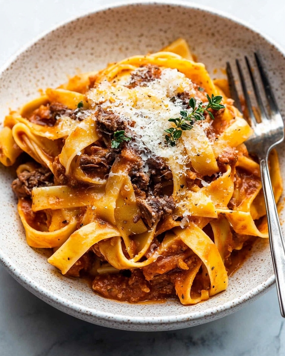 Short Ribs with Pappardelle in Rich Tomato and Red Wine Ragu, tender short ribs, hearty tomato red wine ragu, pappardelle pasta recipe, slow-cooked beef pasta dish A white speckled bowl sits on a white marbled surface, filled with wide, soft yellow pasta ribbons twisted and piled in three visible layers. The pasta is coated in a rich orange-brown sauce with bits of dark, shredded meat visible between the layers. On top, there is a generous sprinkling of finely grated white cheese and a few small green herb sprigs for color. A silver fork rests on the right side of the bowl, its tines partly inserted into the pasta.