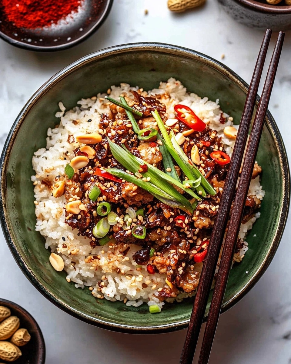 20 Minute Korean Gochujang Beef Bowls, Korean Beef Bowls, Spicy Gochujang Beef Recipe, Quick Korean Dinner, Easy Korean Beef Bowls The image shows a close-up of a cooked dish in a pan with two main layers: a dark brown, textured layer of small, crumbly meat pieces mixed with sesame seeds, and a layer of bright red, glossy bell pepper strips scattered throughout. The meat appears moist and coated in a shiny sauce that pools slightly at the bottom, while thin slices of cooked onion are also visible, adding a translucent light brown color. The mix looks rich and slightly oily, with some specks of red chili flakes adding tiny spots of deeper red. The scene is set on a white marbled surface.