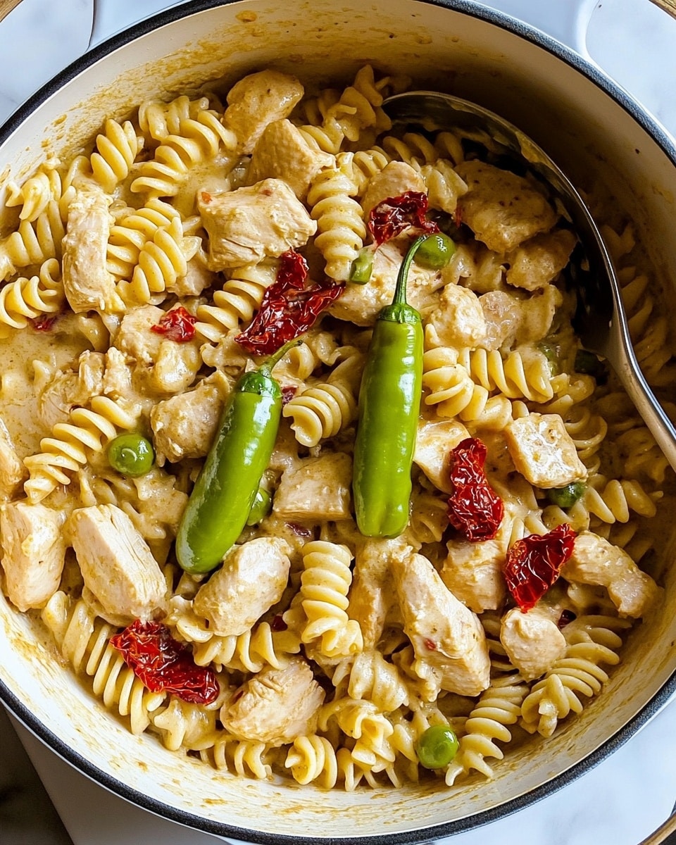 Pepperoncini Chicken Pasta, spicy chicken pasta recipe, quick pasta dinner, easy weeknight pasta, flavorful pepperoncini pasta Inside a white pot with two handles, there is a mix of short spiral pasta and chunks of light brown cooked chicken. Mixed in are small pieces of green pepper and bits of red pepper, all coated in a light sauce that gives a slightly shiny look. A metal spoon with a wooden handle rests on the food near the side of the pot. The pot sits on a wooden board, placed on a white marbled surface