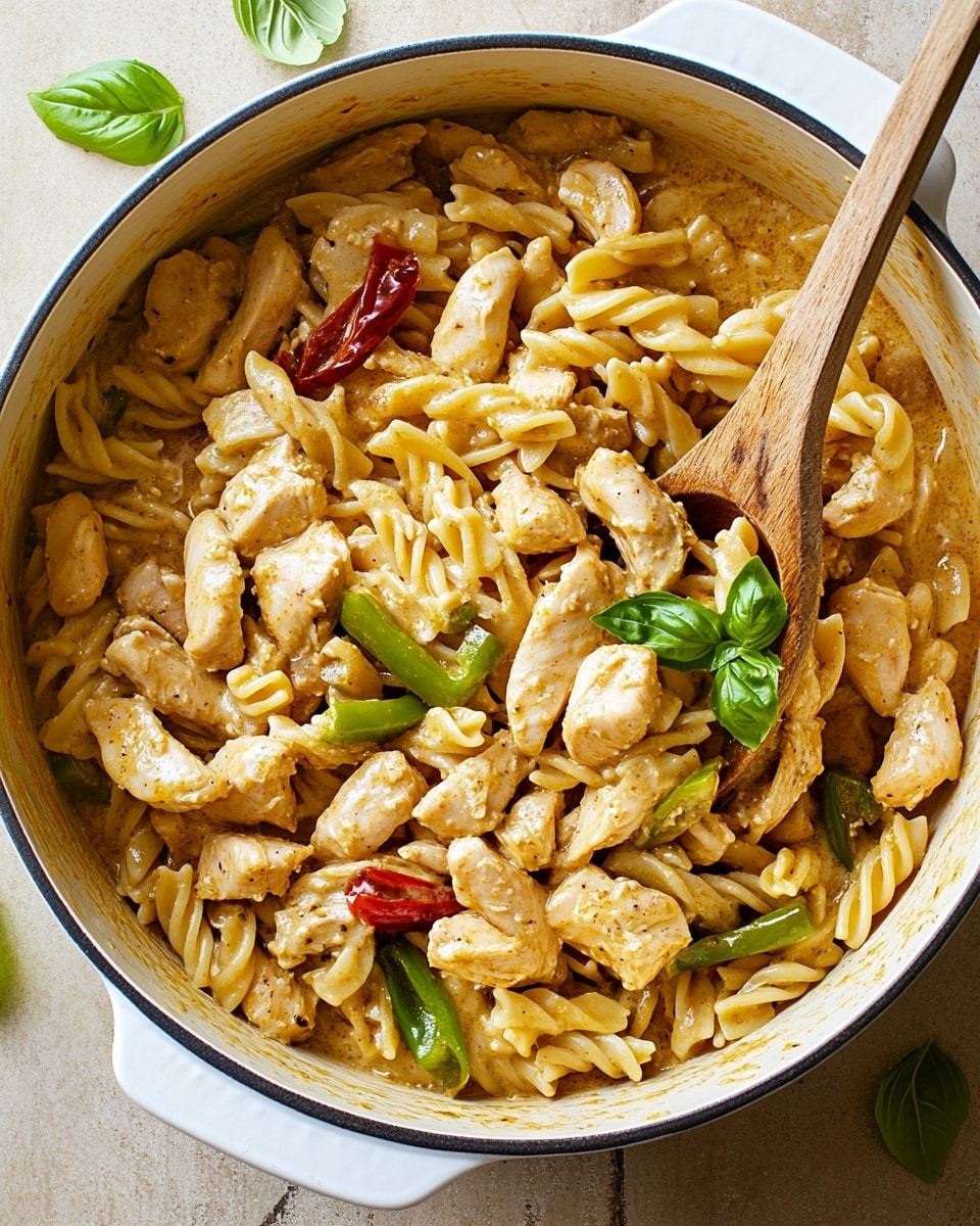 Pepperoncini Chicken Pasta, spicy chicken pasta recipe, quick pasta dinner, easy weeknight pasta, flavorful pepperoncini pasta The dish shows a white pot filled with spiral pasta mixed with small pieces of light brown cooked chicken, dotted with bits of red sun-dried tomatoes and chopped green chili peppers scattered evenly. The pasta and chicken are coated in a creamy, beige sauce that looks smooth and thick. Two whole bright green pepperoncini peppers sit on top, adding contrast in color and texture. A metal spoon with a wooden handle is partly resting on the pasta inside the pot. The pot is set on a white marbled surface.