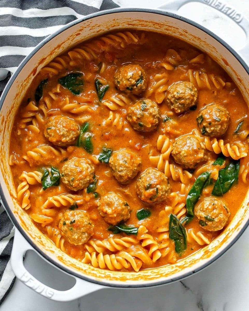 Creamy Meatball Soup with Pasta, Spinach, and Parmesan, hearty meatball soup with creamy sauce, comforting pasta soup recipes, easy weeknight meatball soup, homemade meatball soup with spinach A white pot filled with a thick orange-red sauce containing small round meatballs, spiral rotini pasta, and small green spinach leaves scattered throughout. The sauce looks creamy and rich, coating the pasta and meatballs evenly. The pot is placed on a white marbled surface with a black and white striped cloth partially visible near the handle. The inside rim of the pot is slightly stained with sauce, showing it has been stirred.