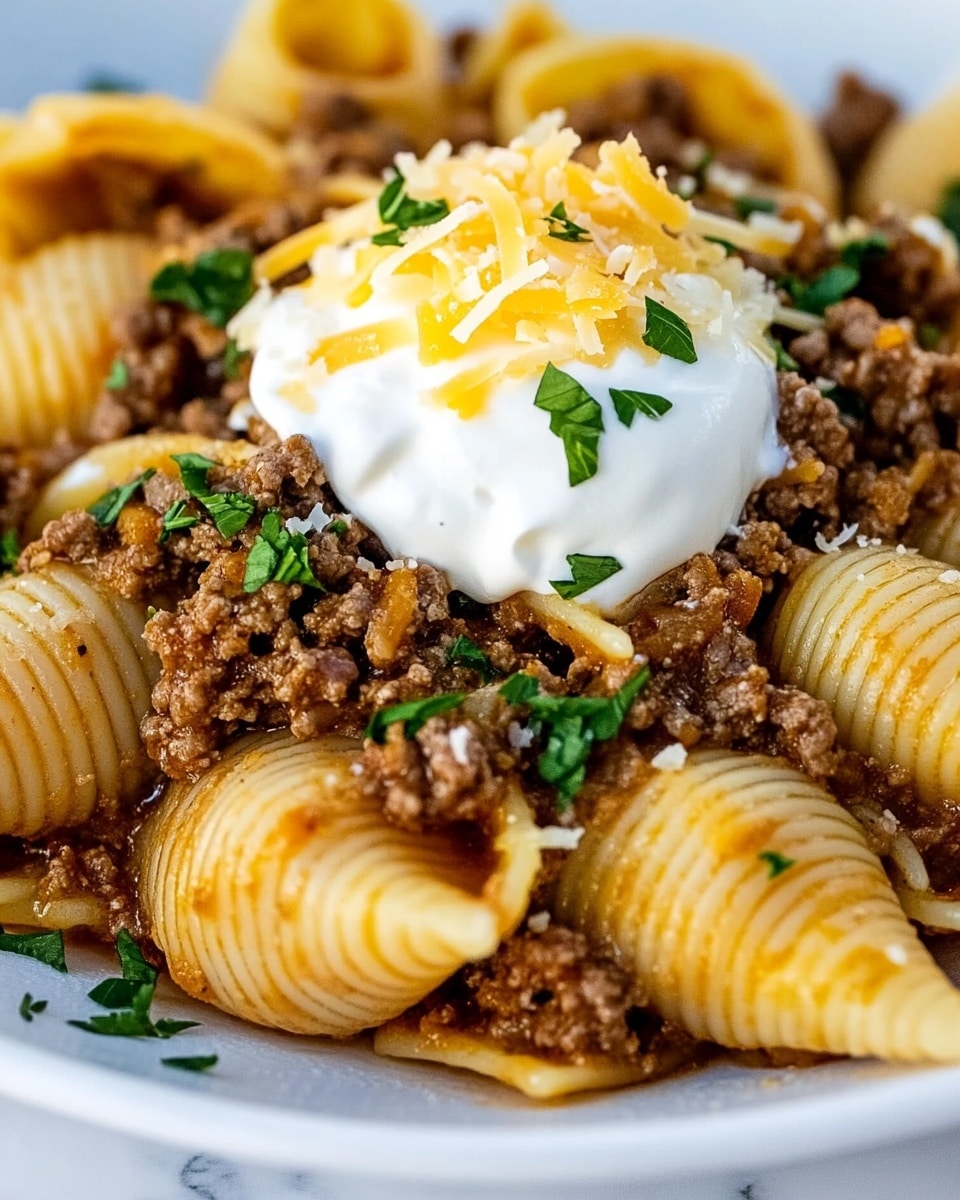 Cheesy Taco Pasta, Taco Pasta, Tex-Mex Pasta, Easy Taco Pasta, Cheesy Pasta Recipes A white plate filled with large pasta shells stuffed with brown cooked ground meat, scattered with small green herb pieces. On top, there is a dollop of white sour cream, sprinkled with shredded yellow cheese and more green herbs. The pasta and meat create a textured, layered look, with the creamy white topping standing out in the center. The plate sits on a white marbled surface.