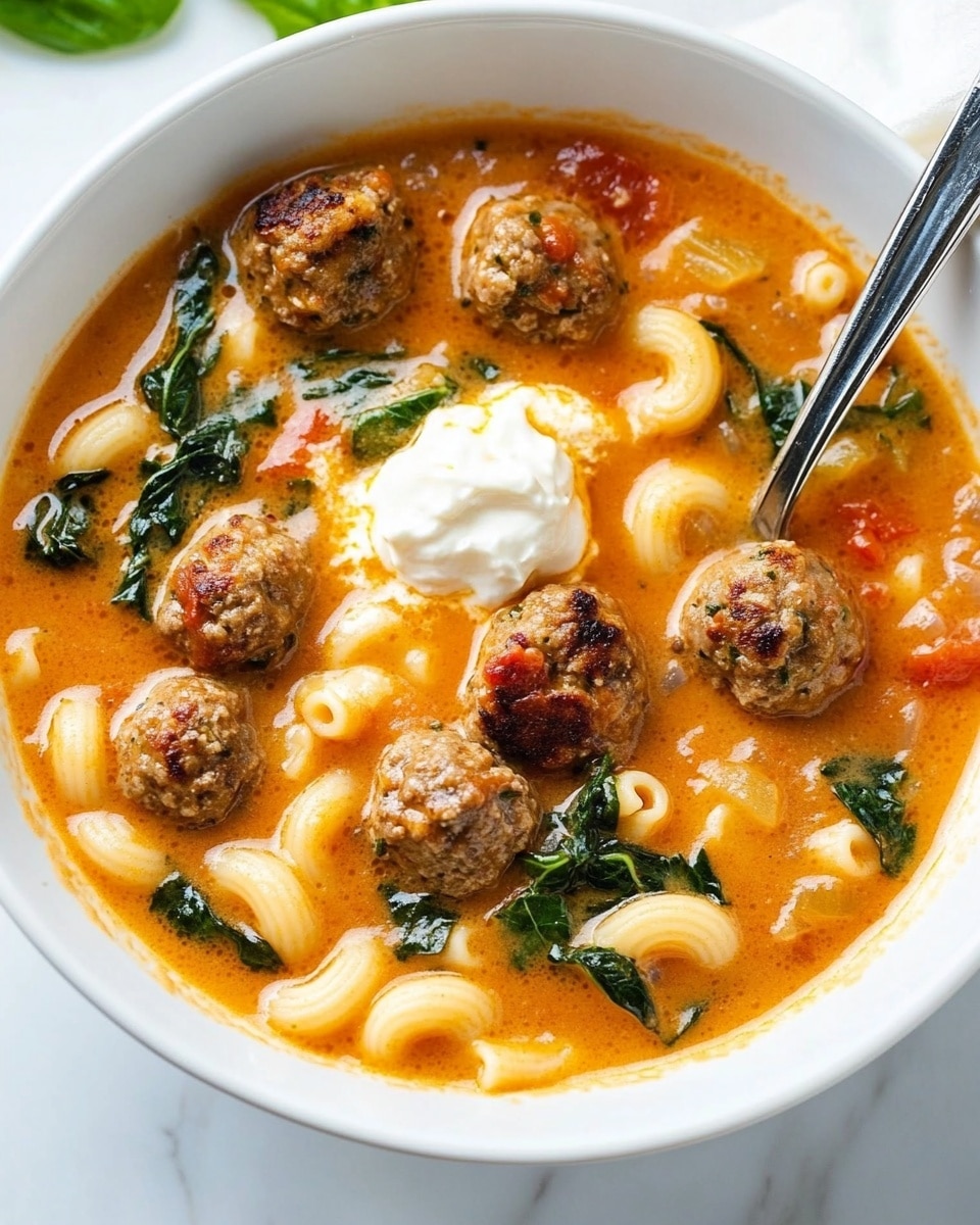 Meatball Soup, hearty soup recipes, easy dinner ideas, comforting chicken meatball soup, family-friendly soup recipes A white bowl filled with an orange creamy soup containing small browned meatballs scattered through it. There are light yellow curved pasta pieces and dark green leafy vegetables mixed into the soup. Bright red tomato chunks add color contrast. In the center, a dollop of white creamy cheese sits partially melted. A silver spoon rests inside the bowl, showing a close-up of the soup texture. The bowl sits on a white marbled surface.