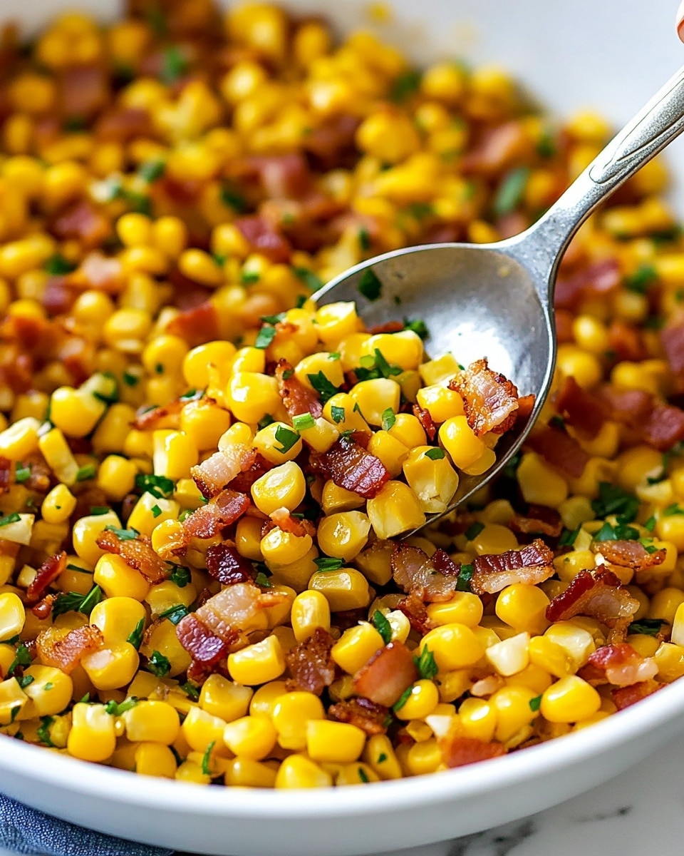 A close-up view of a white pan filled with bright yellow cooked corn mixed with small pieces of crispy brown bacon and green chopped herbs, likely chives, scattered throughout. The corn kernels are shiny and plump, creating a textured surface with the bacon bits adding rough, chunky contrast. A metal spoon, held by a woman's hand, scoops a generous portion of the corn and bacon mixture from the pan, highlighting the mix of colors and textures. The background is blurred, placing full focus on the vibrant food in the white pan, all set on a white marbled surface. photo taken with an iphone --ar 4:5 --v 6.1