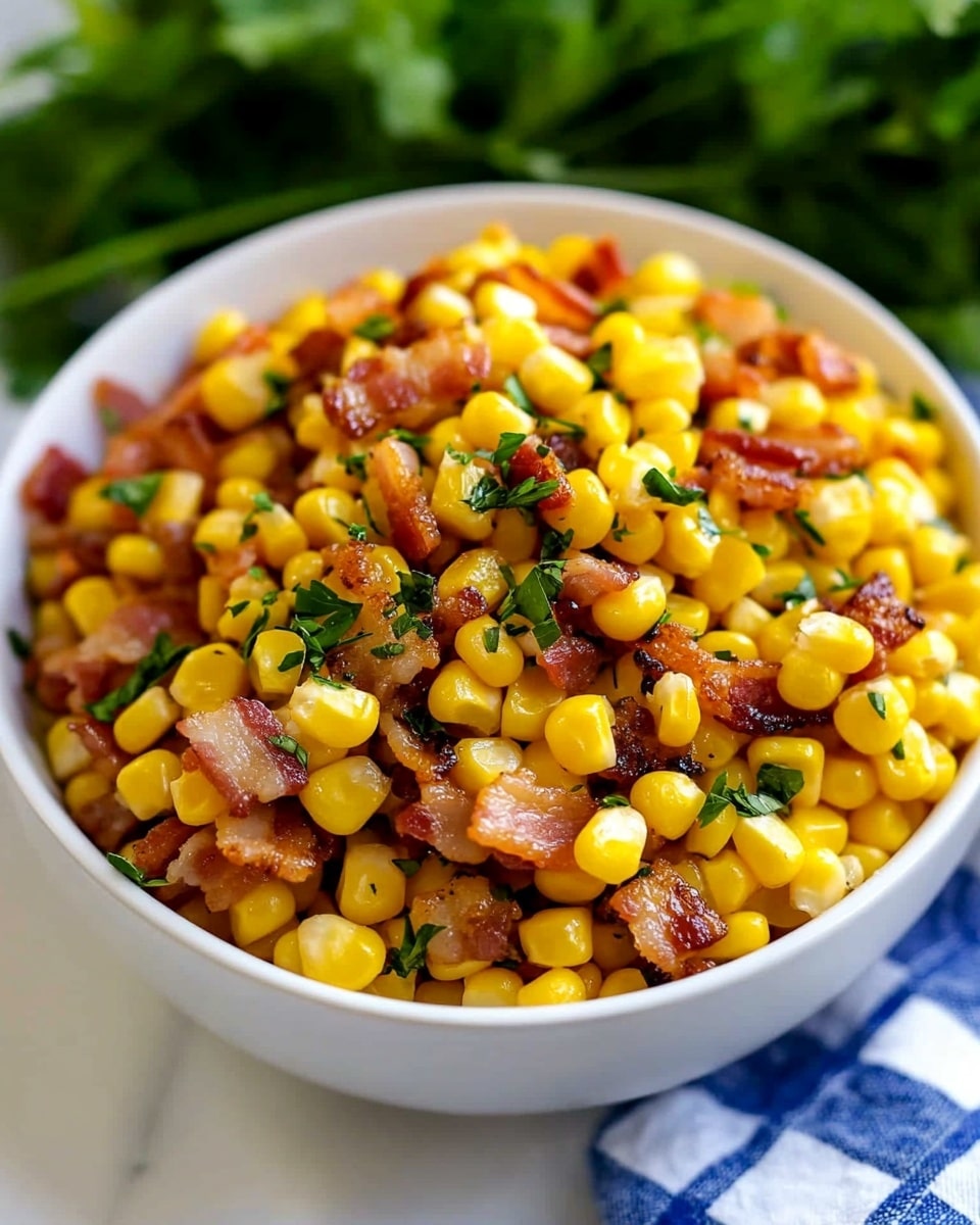 A white bowl filled with bright yellow corn kernels mixed closely with small pieces of cooked bacon that have a reddish-brown color and slightly crisp texture, all topped with finely chopped green herbs. The bowl sits on a white marbled surface with a blurred green plant in the background and a blue and white checkered cloth nearby. photo taken with an iphone --ar 4:5 --v 6.1