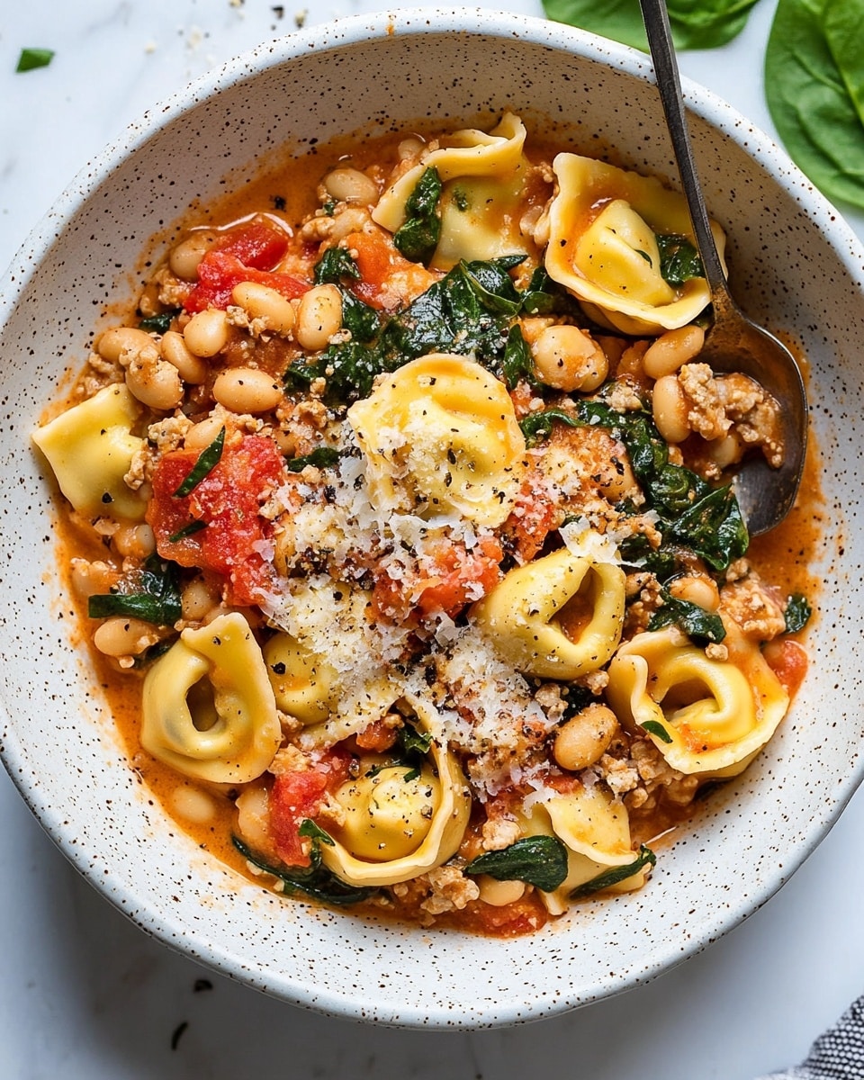 The image shows a white bowl filled with a colorful soup that has three main layers. The bottom layer is a rich, red-orange broth with a smooth texture. The middle layer has pasta tortellini with a pale yellow color, mixed with ground meat that is brown and crumbly. There are also dark green leafy pieces scattered throughout. The top layer is garnished with fresh bright green basil leaves placed in the center. The bowl sits on a wooden cutting board on a white marbled surface, with some loose basil leaves nearby photo taken with an iphone --ar 4:5 --v 6.1