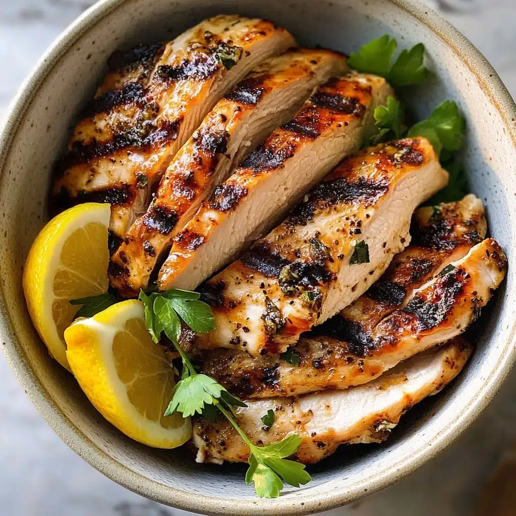 Lemon Herb Grilled Chicken, grilled chicken breasts, lemon herb chicken recipe, healthy grilled chicken, easy chicken marinade A white bowl contains grilled chicken cut into thick slices, showing a golden brown outer layer with charred black grill marks, and tender white inside. The chicken is placed in layers with slices overlapping each other, and fresh green herb sprigs rest gently on top. Two bright yellow lemon wedges are placed inside the bowl next to the chicken. The bowl is set on a white marbled surface.