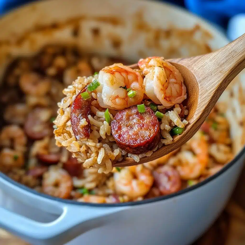 One Pot Sausage, Shrimp and Rice, Easy seafood sausage skillet, One Pot seafood and sausage dinner, Quick hearty shrimp and sausage dish A wooden spoon holds a close-up of a dish with three visible layers: cooked shrimp with light pink and white tones on top, slices of browned sausage with reddish-brown color beneath, and golden brown rice mixed with small green garnish pieces like chopped scallions. The background shows a white pot filled with the same dish, slightly blurred, resting on a natural wood surface with a blue blurred cloth nearby. The colors and textures highlight a warm and hearty meal.