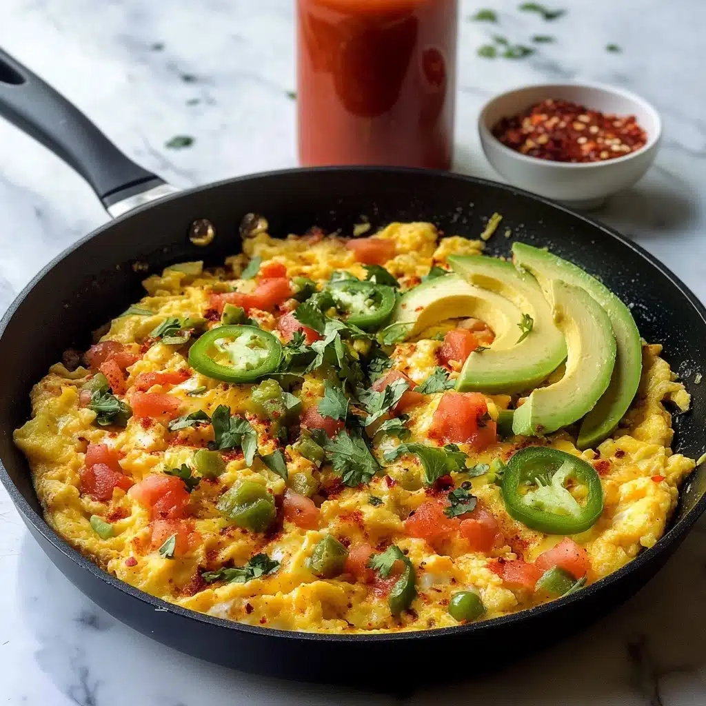Mexican Scrambled Eggs with Crispy Tortillas, Mexican scrambled eggs recipe, easy Mexican breakfast, flavorful brunch ideas, crispy tortilla egg scramble A black pan shows a dish with scrambled eggs mixed with small pieces of red bell pepper, onions, and tomatoes, giving it a yellow base with spots of red and white. On top, there are scattered halved cherry tomatoes, thin slices of green jalapeño, and small green herb pieces, adding red and green colors. On the right side of the pan, there are three slices of light green avocado placed together. The pan is set on a white marbled surface.