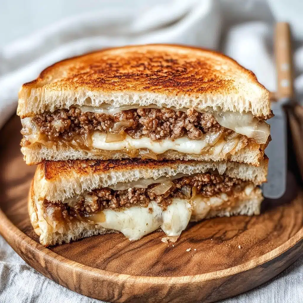 Classic Patty Melt Sandwich, Patty Melt Sandwich, Beef Patty Melt, Diner-Style Patty Melt, Easy Patty Melt Recipe A toasted sandwich cut in half and stacked, showing two thick layers of cooked ground meat with a light brown color and a slightly crumbly texture. Between the meat layers, there are two layers of melted white cheese that stretch slightly, and between the cheese and meat are caramelized soft onions with a golden brown color. The sandwich bread is golden brown and crispy with a clear toasted texture on top, and the sandwich sits on a round wooden plate placed on a light gray cloth with a wooden knife handle partially visible. The background is a white marbled texture.