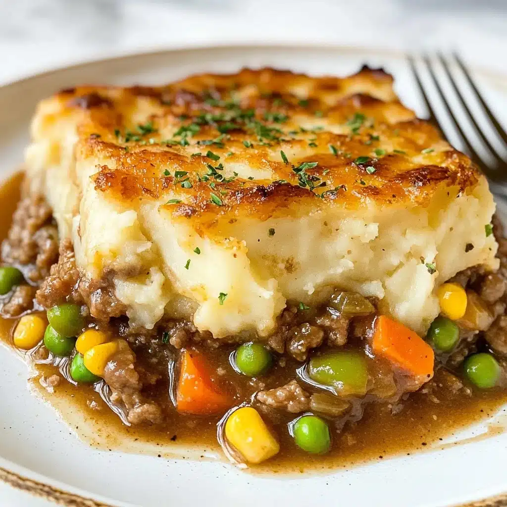 Easy Shepherd's Pie, Classic Shepherd's Pie, Hearty beef dinner, Comforting weeknight meal, Simple homemade shepherd's pie A close-up of two square layers of shepherd's pie sits on a white plate. The bottom layer is a mix of brown ground meat and vegetables including bright orange carrots, green peas, and yellow corn, all coated in a shiny brown gravy. The top layer is a thick, creamy mashed potato, broiled to a golden brown with small bits of green herbs sprinkled on top. The edges show the slightly rough texture of the mashed potatoes, while a fork rests in the background. The surface under the plate is white marbled.
