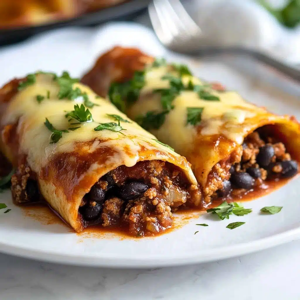 Beef Enchiladas, easy beef enchiladas recipe, homemade enchiladas with beef, cheesy beef enchiladas, quick Mexican beef casserole A white rectangular baking dish holds six rolled tortillas filled with a dark red sauce. The tortillas are lightly browned on the edges and are covered with melted white cheese that stretches across the top. Fresh green cilantro leaves are scattered over the cheese, adding a pop of color. The dish sits on a white marbled surface with a crumpled white cloth partially visible on the side.