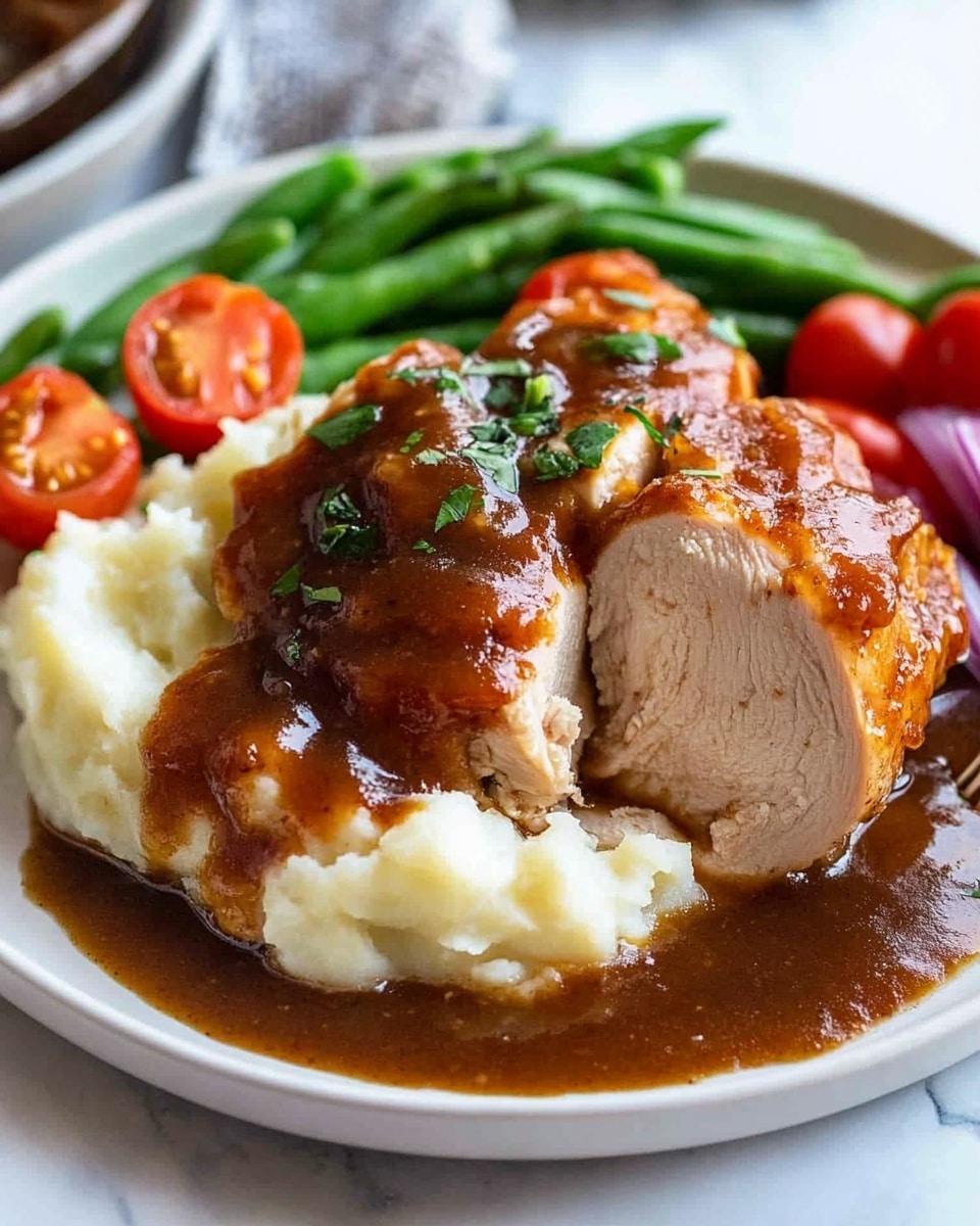 Oven Baked BBQ Chicken, homemade barbecue sauce, easy BBQ chicken dinner, quick oven baked chicken, flavorful baked barbecue chicken A round white plate holds a meal with three main layers: on the bottom left, a creamy, smooth white mashed potato layer with a slight butter sheen; on top of that and slightly to the right, a thick piece of meat covered in rich, dark brown gravy with bits of chopped green herbs sprinkled on top; to the far right, a slice of the same meat is pulled away with a silver fork showing a juicy, tender inside. Behind the mashed potatoes and meat, there is a colorful layer of fresh green beans topped with halved bright red cherry tomatoes and small chunks of purple onion. The plate sits on a white marbled surface.