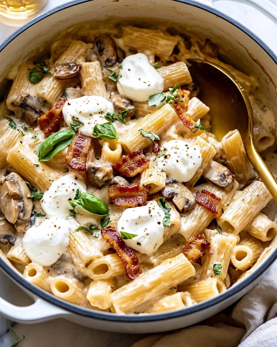 One Pot French Onion Pasta, French Onion Pasta with Crispy Prosciutto, easy one-pot pasta recipes, comforting pasta dishes, flavorful French onion pasta A white pot filled with three layers of food starts with a creamy light brown sauce base that holds short tube pasta mixed with sliced mushrooms and onions. On top, there are dollops of soft white cheese and pieces of crispy brownish-red bacon scattered across the pasta. Small green herb leaves are sprinkled over everything, adding a touch of color. A gold spoon rests inside the pot. The pot sits on a beige cloth on a white marbled surface, with a glass of light brown liquid and silver fork visible nearby.
