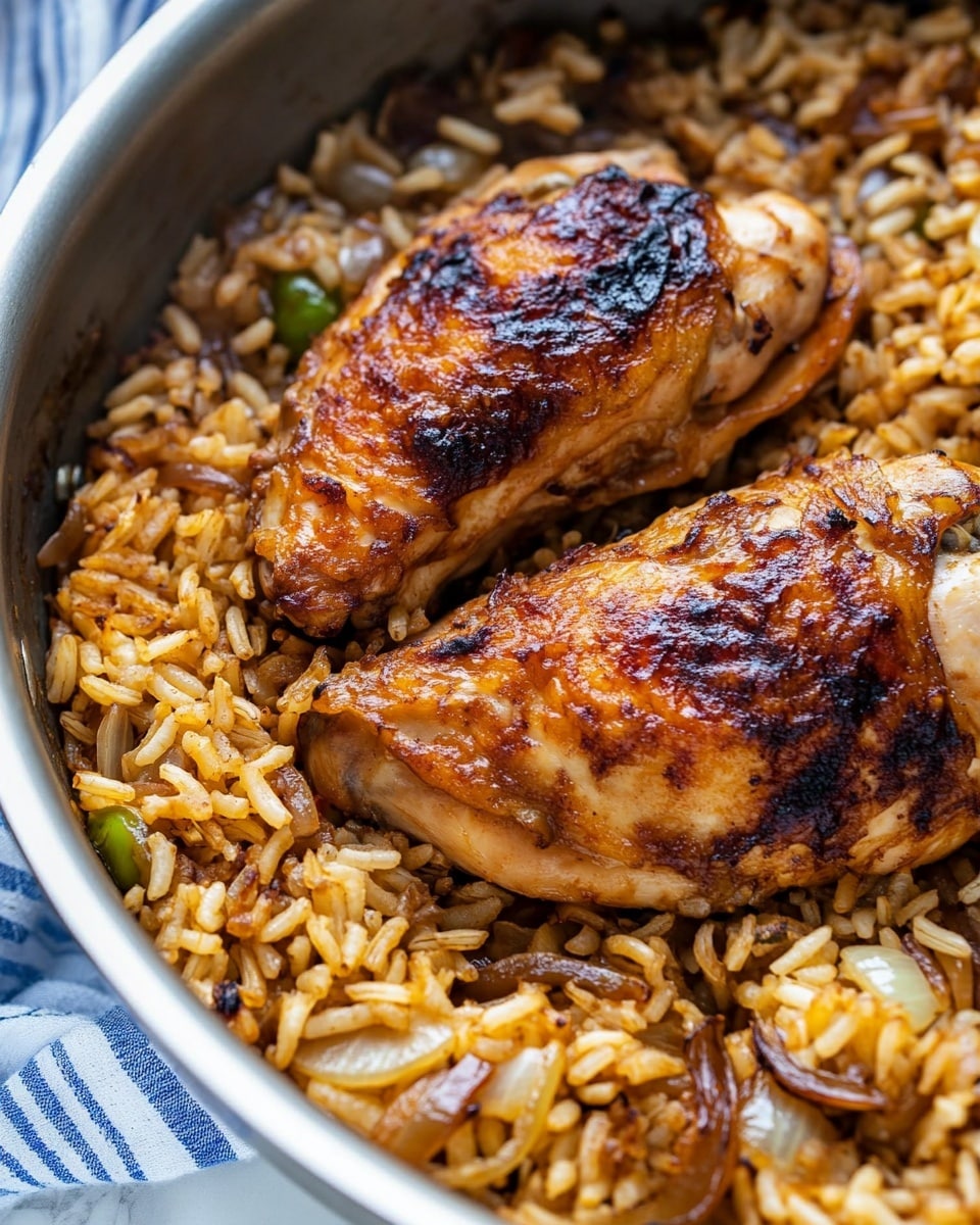 French Onion Chicken and Rice Skillet, easy one-pot chicken and rice, flavorful skillet dinner, weeknight chicken recipes, comforting chicken and rice dish A close-up view of a metal pan filled with two main layers: a base layer of brown rice mixed with small bits of cooked onion, and on top, two golden-brown cooked chicken pieces with a slightly crispy texture and small charred spots. The rice looks soft and well-cooked, evenly spread around the chicken, giving a warm and hearty feel. The pan is set on a white marbled surface with a blue and white striped cloth in the background.