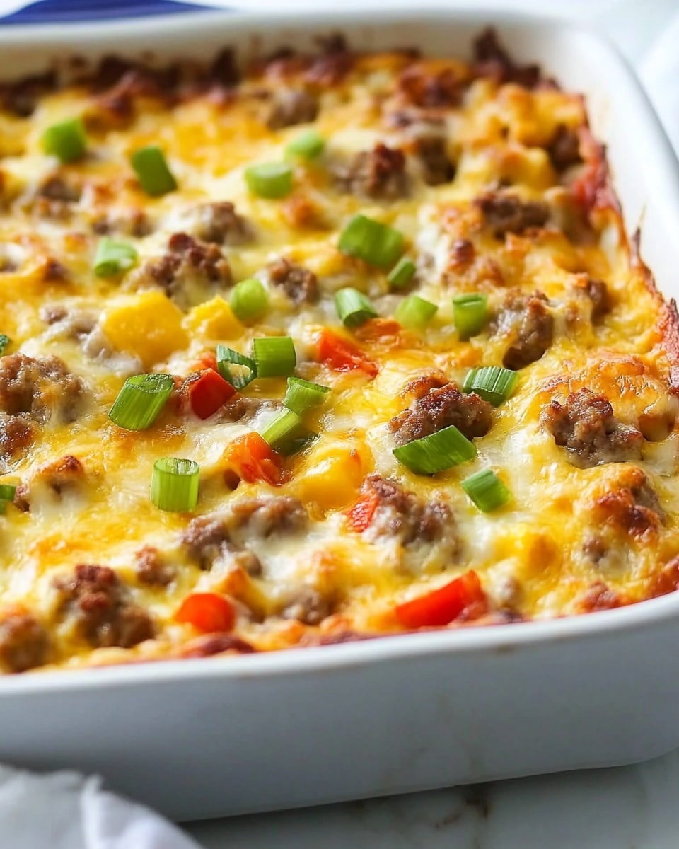 Tater Tot Breakfast Casserole with Sausage and Cheddar, breakfast casserole with sausage and cheese, cheesy breakfast casserole, easy brunch casserole, savory breakfast dish A close-up of a baking dish filled with a cheesy casserole showing multiple layers including browned sausage pieces, melted yellow and white cheese, and small chunks of green and red bell peppers scattered on top. The casserole has a golden crust with bright green chopped scallions sprinkled over the surface. The dish is white with a blue rim and is placed on a white marbled surface with a white cloth nearby. The image focuses on one corner of the casserole, showing the mix of textures from the melted cheese, cooked meat, and fresh vegetables.