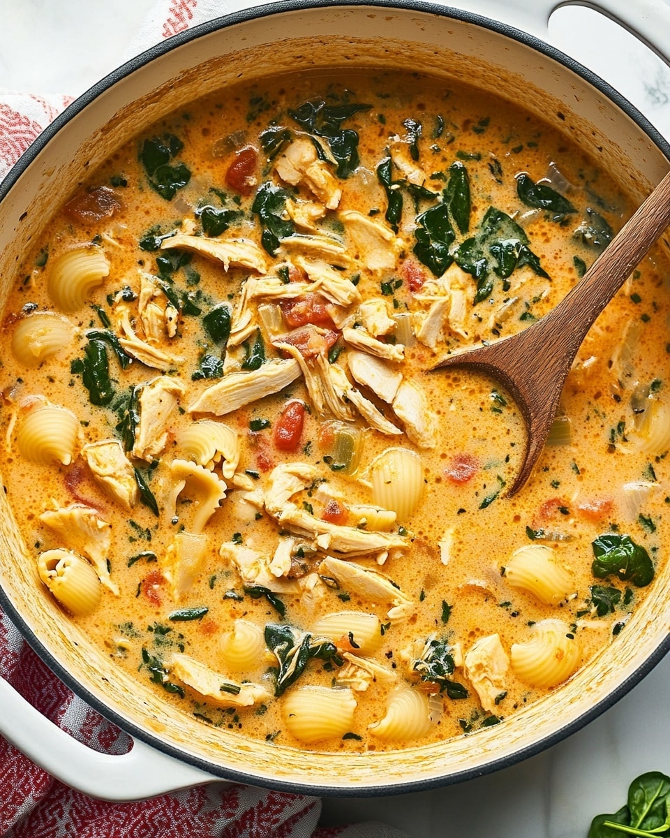 Creamy Marry Me Chicken Soup, quick chicken soup recipes, comforting chicken soup, 30-minute chicken soup, easy creamy chicken soup A pot filled with a creamy soup that has a light orange color, mixed with shredded chicken pieces, small shell pasta, dark green spinach leaves, and bits of red tomatoes, all floating in the broth. The soup looks thick and rich with herbs and spices visible throughout. A large soup spoon with a wooden handle rests inside the pot, which has a white inside and a creamy outer edge. The pot is placed on a white marbled surface with a white and red cloth partially under it.