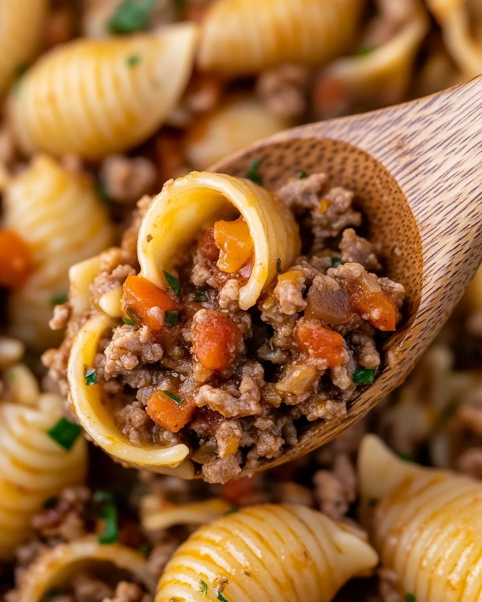 Cheesy Taco Pasta, Taco Pasta, Tex-Mex Pasta, Easy Taco Pasta, Cheesy Pasta Recipes A wooden spoon holds a close-up scoop of pasta shells mixed with ground meat and small bits of red and orange vegetables. The pasta shells are pale yellow, slightly glossy, and filled with the crumbled, brown ground meat that looks moist with some herbs sprinkled throughout. The background is a soft blur of the same pasta and meat dish, all resting on a white marbled surface.