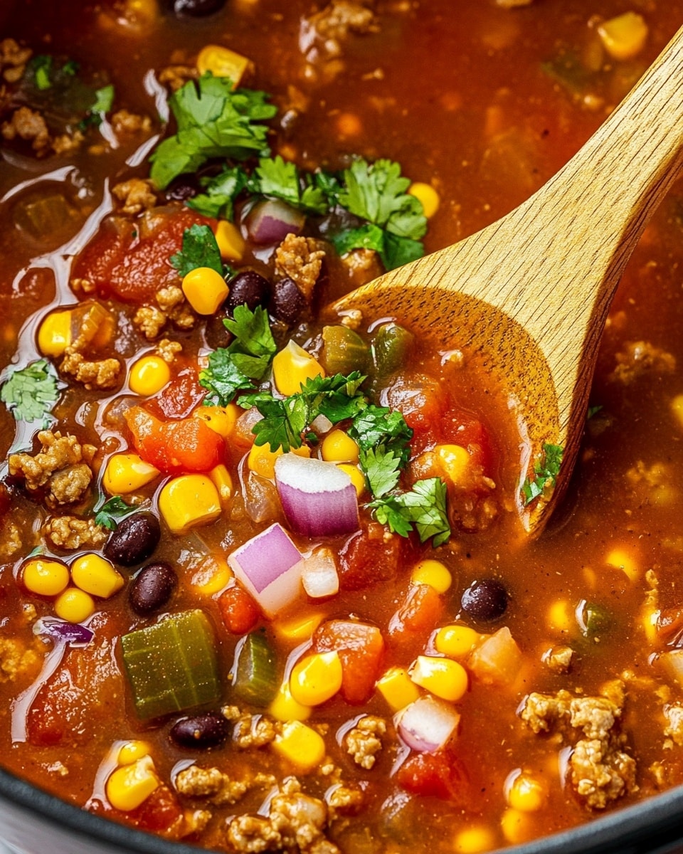 Easy Slow Cooker Taco Soup, Taco Soup recipe, Make-ahead taco soup, Hearty Mexican soup, Simple slow cooker dinner The image shows a close-up view of a rich, red tomato-based soup filled with several layers of ingredients. The soup has a thick, slightly oily liquid base which holds pieces of yellow corn kernels, black beans, small chunks of red tomatoes, red onion cubes, and green cilantro leaves scattered throughout. Small bits of ground meat or similar textured protein are mixed in, while a wooden spoon is partially dipped into the soup on the right side, coated with the red broth. The overall look is colorful and hearty, with vibrant yellows, reds, greens, and purples contrasting against the deep red soup, set on a white marbled surface.