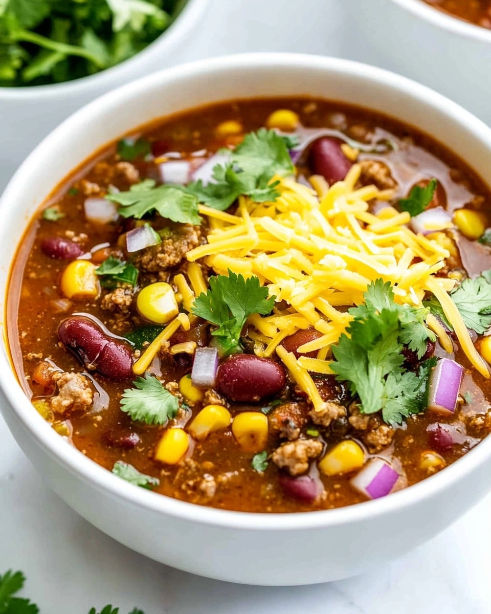 Easy Slow Cooker Taco Soup, Taco Soup recipe, Make-ahead taco soup, Hearty Mexican soup, Simple slow cooker dinner A white bowl filled with thick chili soup sits on a white marbled surface. The chili has visible layers of small meat pieces, kidney beans, yellow corn, and diced tomatoes in a rich brown-red broth. The top layer is sprinkled with shredded yellow cheese, chopped fresh green cilantro leaves, and small chunks of light purple and white onions. Next to the bowl is another white bowl with fresh cilantro leaves. The overall scene is bright and colorful, showing a fresh, warm, and hearty meal.