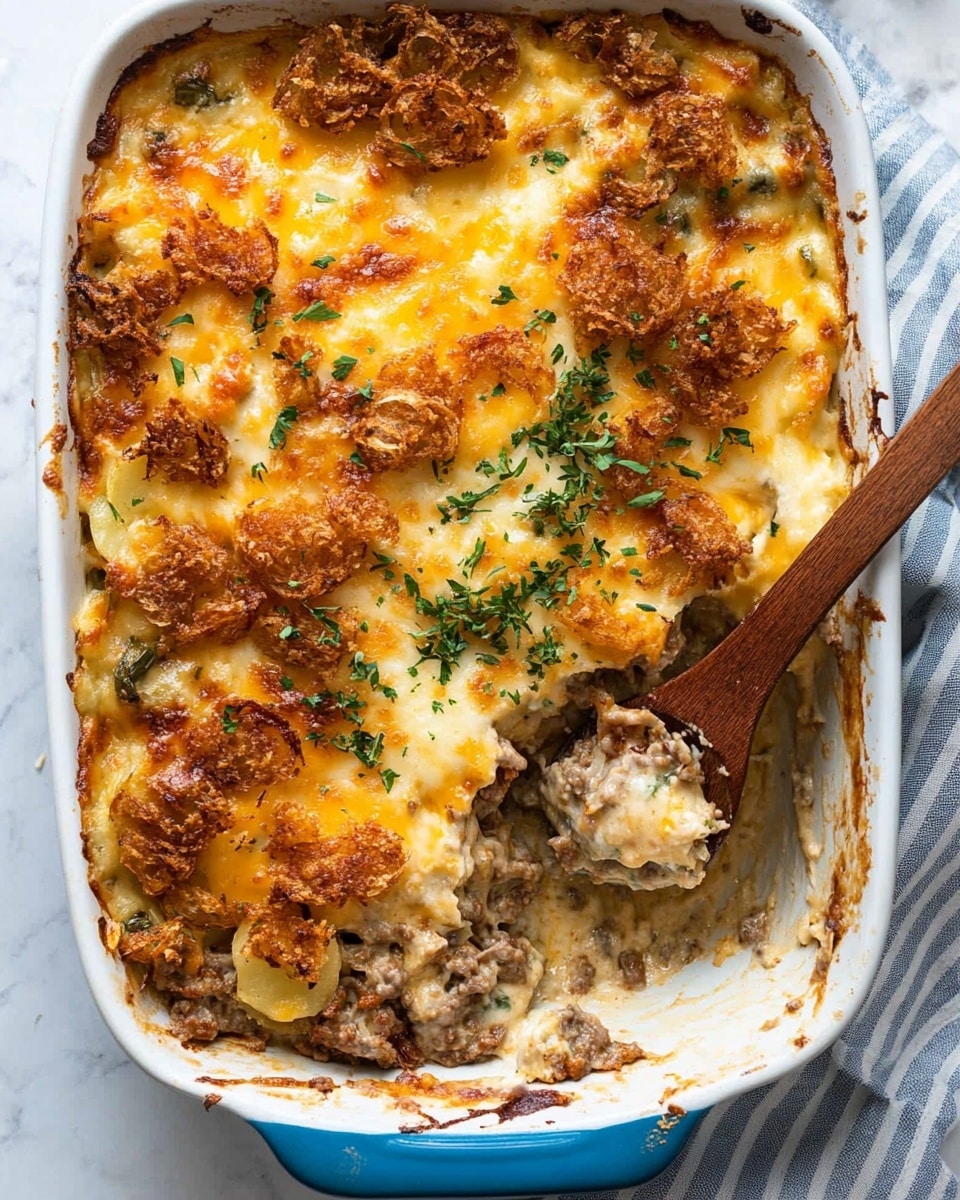 A white baking dish filled with a layered casserole featuring a golden-brown melted cheese topping mixed with crispy browned bits and sprinkled with green herbs. Beneath the cheese, there are visible layers of creamy white sauce, tender ravioli pasta, and a chunky meat and vegetable mixture with small pieces of green and red peppers. A wooden spoon is scooping out a portion, showing the layers clearly stacked with the melted cheese stretching slightly. The dish is placed on a white marbled surface. Photo taken with an iphone --ar 4:5 --v 6.1