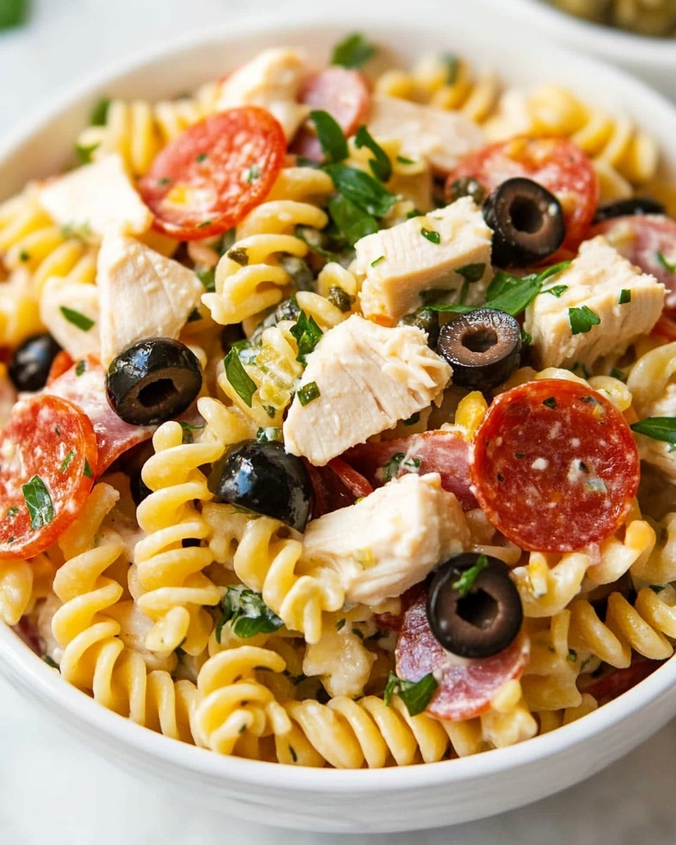 A white bowl filled with a pasta salad showing about three layers of ingredients. The base layer is light yellow twisted pasta spirals with a soft texture. On top, there are thin slices of red pepperoni, black olive rings, chunks of white chicken, and some pieces of light pink deli meat. Scattered on the top layer are small bright green chopped fresh herbs that add a pop of color and texture. The bowl is placed on a white marbled surface, and the overall look is fresh and colorful. photo taken with an iphone --ar 4:5 --v 6.1