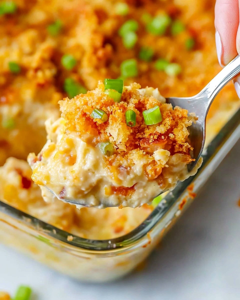 The image shows a close-up of a woman's hand holding a silver spoon with a scoop of a layered casserole. The bottom layer in the glass dish is creamy and white with small bits of red and yellow mixed in. Above that, there is a thick orange layer topped with a crispy golden crumb topping. Small green onion slices are sprinkled over the top layer, adding a fresh green contrast. The background surface is a white marbled texture. photo taken with an iphone --ar 4:5 --v 6.1