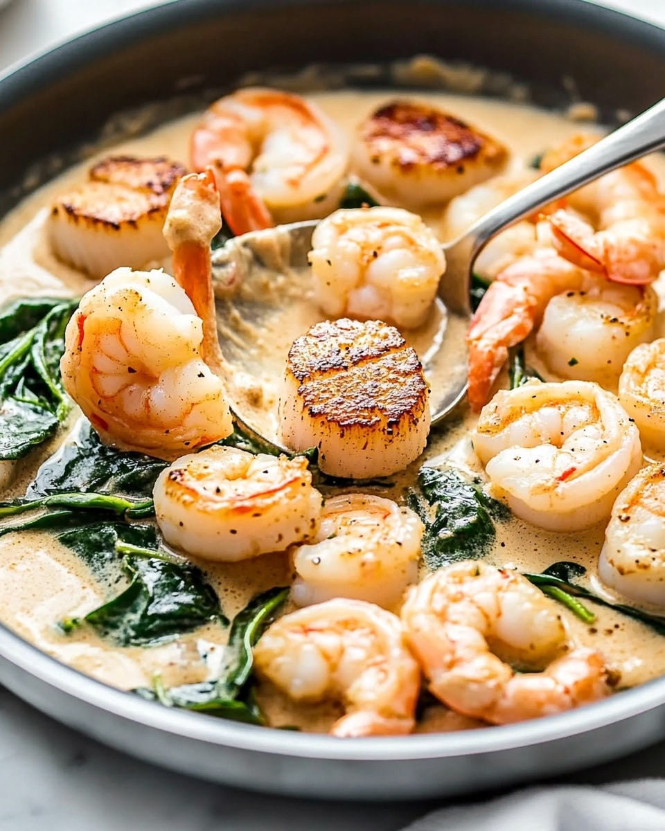 A close-up view of a pan filled with creamy sauce, with orange shrimp and round scallops scattered through the sauce. The shrimp show some light browning and curve around, while the scallops have a crisp golden top layer. Green spinach leaves are mixed in, adding a fresh contrast in color. A silver spoon is scooping a mix of shrimp, scallop, and spinach from the pan. The pan is placed on a white marbled surface with a soft grey cloth nearby. Photo taken with an iphone --ar 4:5 --v 6.1
