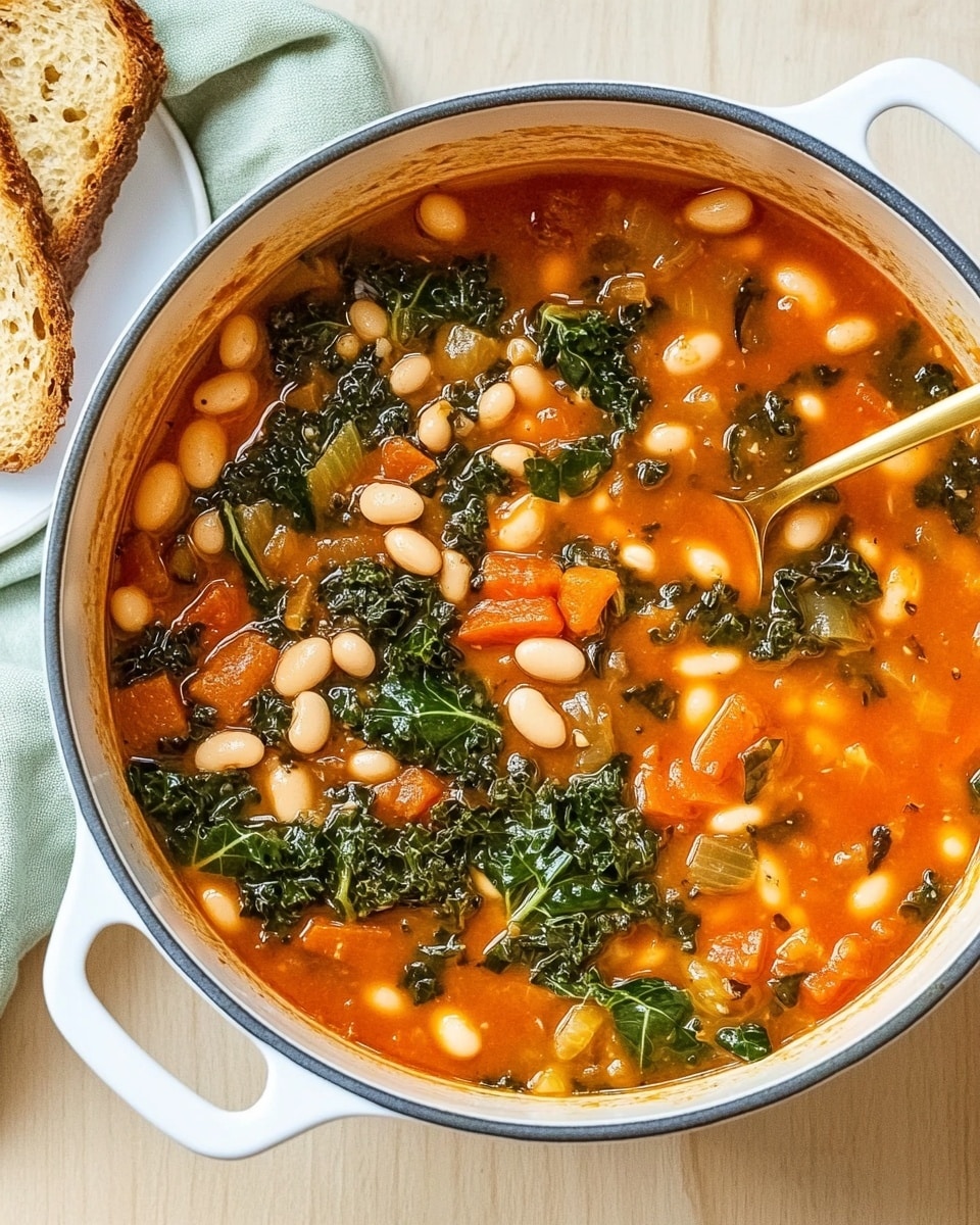 A white pot filled with a thick soup showing a mix of small white beans, bits of orange carrots, and green leafy vegetables like kale floating in a rich orange-red broth. The soup has a chunky texture with visible pieces of vegetables and beans spread evenly throughout. A gold spoon is partly dipped in the pot, lifting some soup showing the same mix of ingredients close up. Nearby, a white ceramic plate holds a few slices of toasted brown bread with a crunchy texture. Everything is placed on a light-colored wooden surface, and a pale green cloth is partly visible at the top left. photo taken with an iphone --ar 4:5 --v 6.1