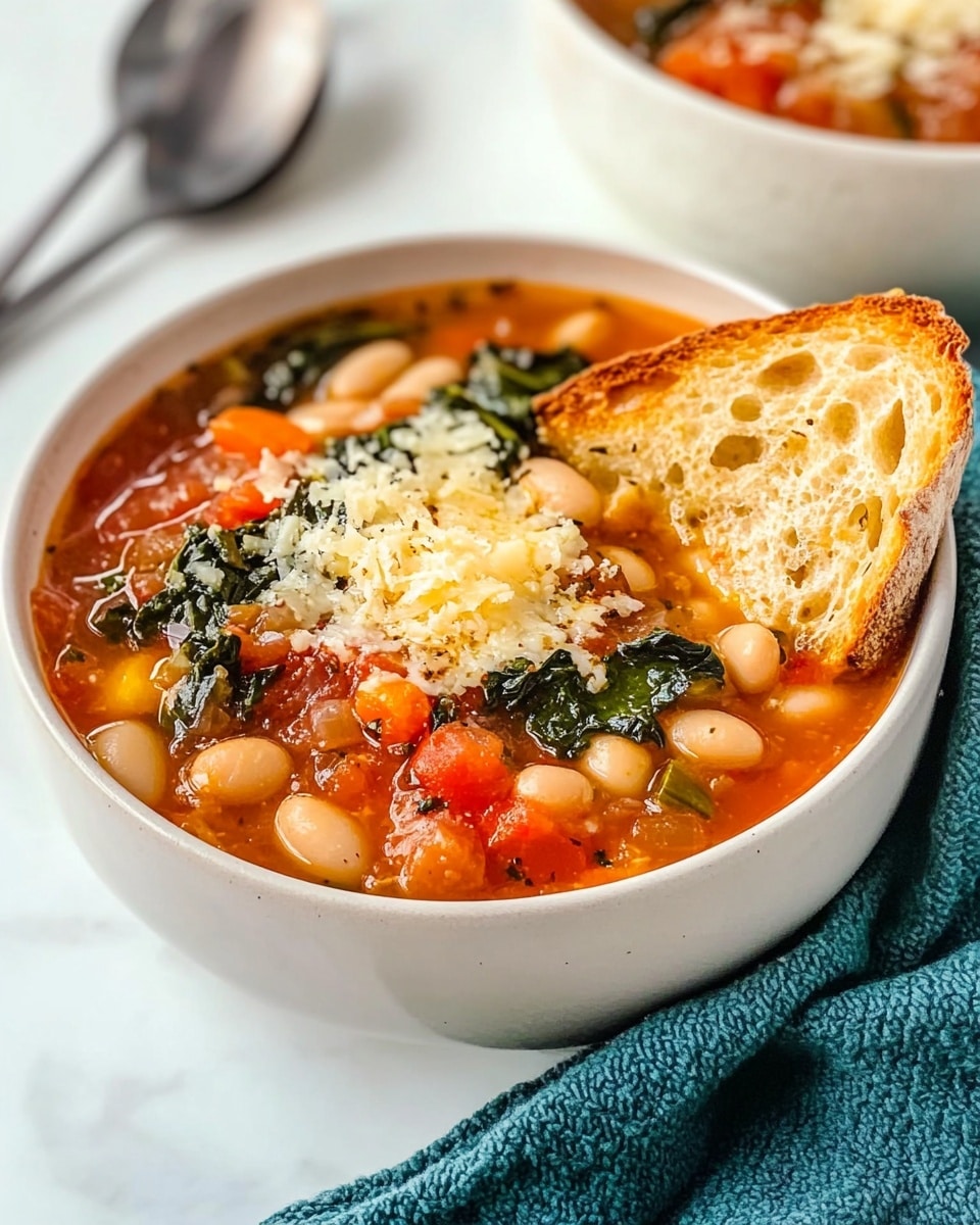 A white bowl filled with a thick vegetable soup showing white beans, chopped carrots, tomatoes, and dark green leafy vegetables layered in a tomato broth. The soup has a sprinkle of grated cheese on top and a piece of toasted bread placed in the soup at the bowl's edge. In the background, two spoons rest on a soft teal cloth on a white marbled surface. Photo taken with an iphone --ar 4:5 --v 6.1