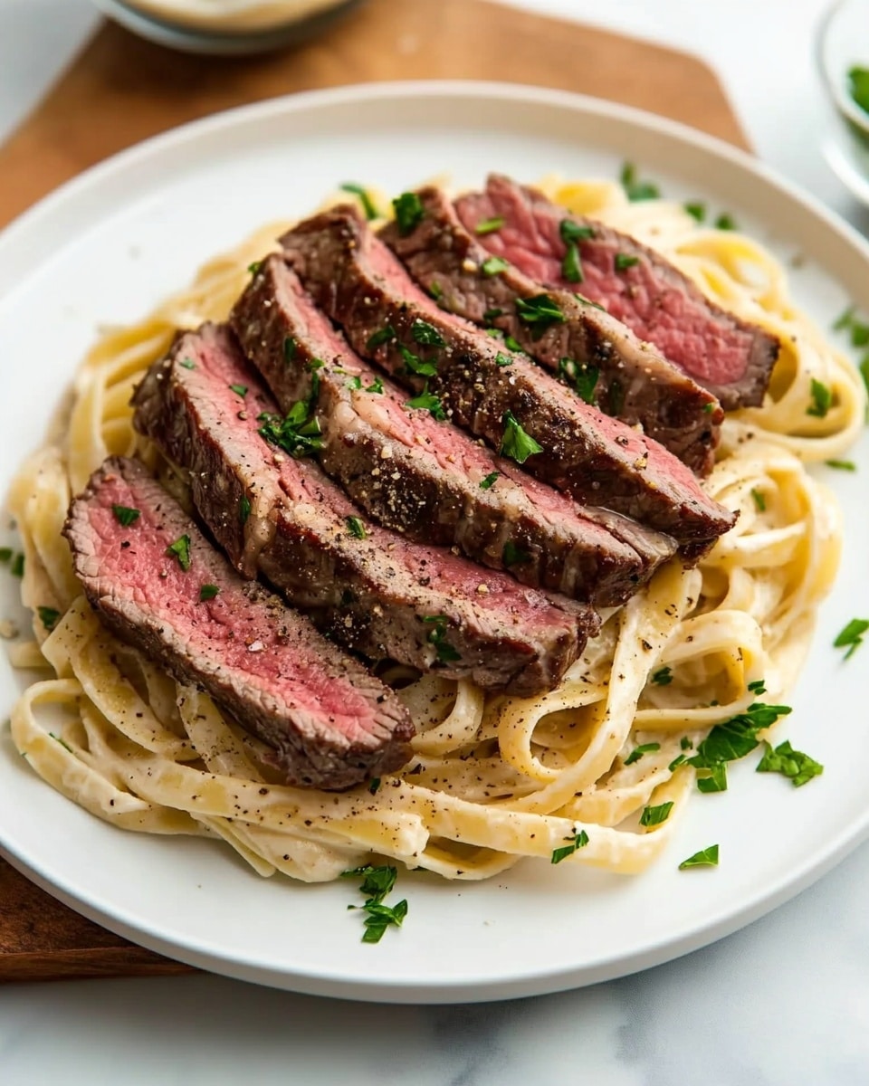 A white plate holds a bed of creamy fettuccine pasta with a smooth, light beige sauce, sprinkled with small green parsley pieces. On top, there are seven thick slices of medium-rare steak arranged in a neat row, showing a pink center and a browned, seasoned exterior. The steak slices have small green parsley bits scattered over them. The plate sits on a wooden board, all set on a white marbled surface, with a small glass bowl of grated cheese visible in the background. photo taken with an iphone --ar 4:5 --v 6.1
