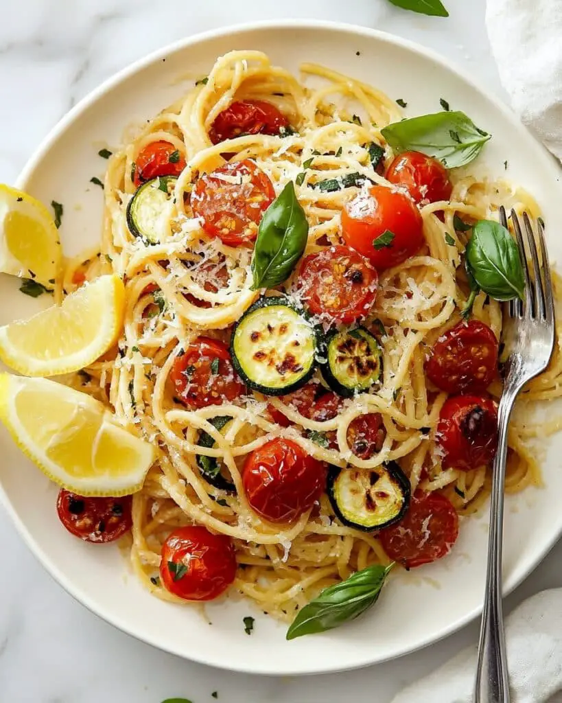 Summer Tomato and Zucchini Pasta with Roasted Cherry Tomatoes and Pecorino Recipe