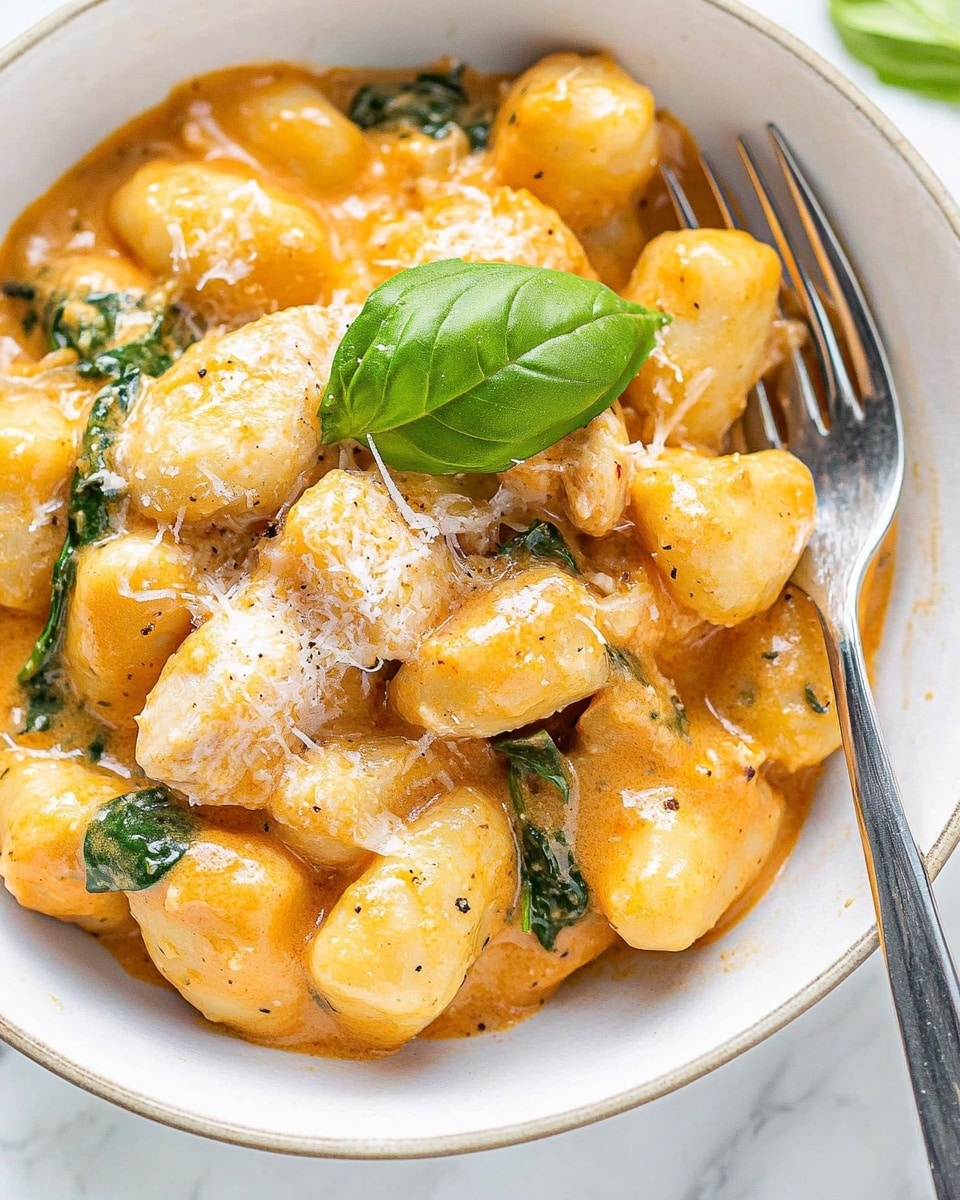 A white bowl filled with gnocchi covered in a thick, creamy orange sauce with visible specks of seasoning. Small green spinach pieces are mixed throughout the dish. There is a fresh green basil leaf garnish on top, and some grated white cheese sprinkled over the gnocchi and sauce. A metal fork is placed on the right side of the bowl, with its tines inserted slightly into the gnocchi. The bowl is set on a white marbled surface. photo taken with an iphone --ar 4:5 --v 6.1
