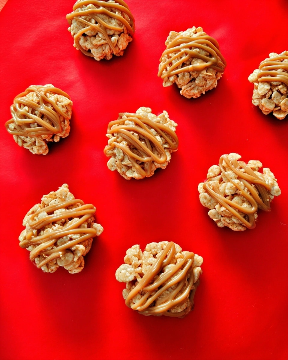 Seven small clusters of crunchy cereal mixed with a sticky binding layer form rounded, uneven shapes arranged loosely on a bright red sheet. Each cluster has a light brown drizzle of smooth caramel sauce applied in wavy lines across the top, providing a shiny contrast against the matte texture of the cereal. The clusters vary slightly in size and shape, with a rough, crumbly surface texture. The bright red background beneath them adds a bold, vibrant color contrast to the light beige and caramel tones of the clusters. photo taken with an iphone --ar 4:5 --v 7