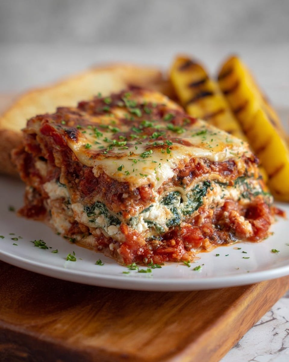 The image shows a close-up piece of lasagna on a white plate placed on a wooden board with a white marbled surface background. The lasagna has five visible layers: the bottom layer is a rich, chunky red sauce with bits of cooked onions, followed by a creamy white cheese layer mixed with spinach that appears green and soft. Above it is another layer of red sauce with chunks, then a thicker layer of cooked spinach and cheese mix, and on top is a golden browned layer of melted cheese sprinkled with green herbs. On the side of the plate are some grilled yellowish plantains with grill marks. photo taken with an iphone --ar 4:5 --v 7