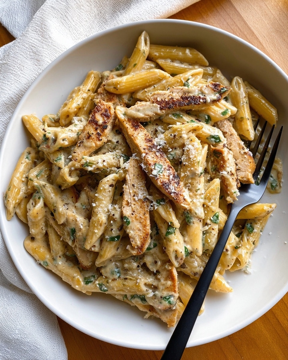 A white plate holds creamy penne pasta mixed with strips of grilled chicken, both covered in a light beige sauce with small green herbs scattered throughout. The pasta pieces are long and smooth with a slightly shiny texture, while the chicken strips are browned with visible grill marks. A light dusting of grated cheese and black pepper tops the dish. A black fork rests on the right side of the plate. The plate sits on a wooden surface next to a white cloth. Photo taken with an iphone --ar 4:5 --v 7