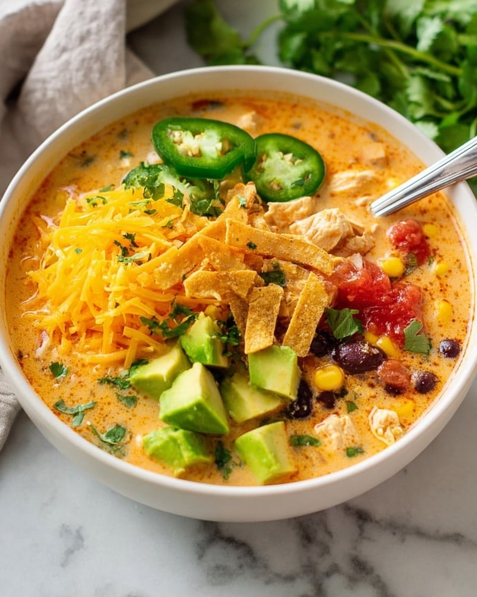 The image shows a bowl of creamy orange soup with visible pieces of chicken, black beans, corn, and tomato chunks mixed in. Inside the white bowl, there are several distinct layers: shredded yellow cheese piled on one side, bright green sliced jalapenos and cilantro leaves beside it, and fresh light green avocado cubes scattered near the center. On top of the soup, there are crispy golden-brown strips that add texture. A silver spoon rests inside the bowl on the right side. The bowl sits on a white marbled surface with some green leaves blurred in the background, and soft natural lighting brightens the scene. Photo taken with an iphone --ar 4:5 --v 7
