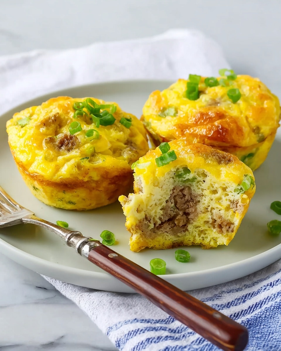 A close-up image of a yellow egg muffin on a white plate, featuring a visible cut piece held by a silver fork. The egg muffin is thick with a soft, fluffy texture, filled with light green pieces of vegetables and light brown bits of meat. The top layer is smooth with a slightly browned surface, and the inside has a mix of yellow eggs with green and brown ingredients spread evenly. The plate rests on a white marbled surface, with a blurred glass of orange juice and green parsley leaves in the background. Photo taken with an iphone --ar 4:5 --v 7