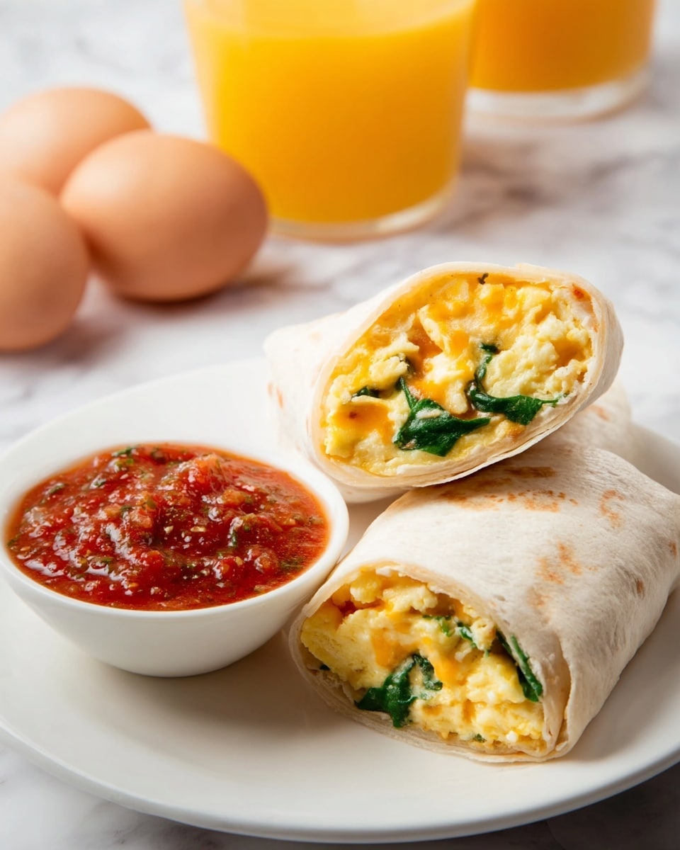 A white plate on a white marbled surface holds two breakfast burritos stacked, one whole and one cut in half to show the inside layers: soft yellow scrambled eggs mixed with cooked spinach leaves and melted yellow cheese all wrapped in a light beige soft flour tortilla. Next to the burritos is a small white bowl filled with chunky red salsa. In the blurred background, two brown eggs and a glass of orange juice add a warm, fresh touch. Photo taken with an iphone --ar 4:5 --v 7