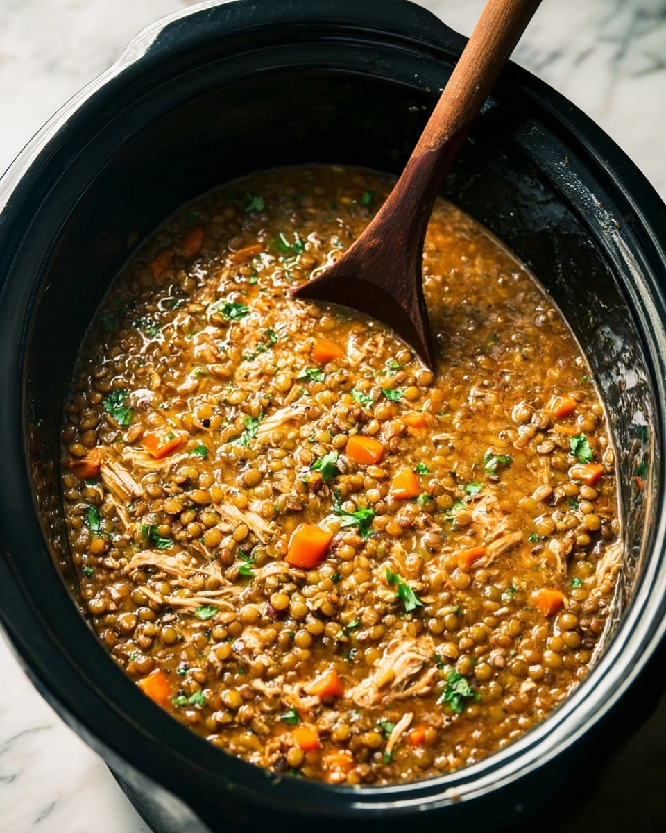The image shows a slow cooker filled with a thick lentil stew made of many small brown lentils, shredded light brown chicken pieces, and small orange carrot chunks. The stew has a rich brownish-orange color with a slightly glossy texture and is sprinkled with small pieces of fresh green herbs on the surface. A dark wooden spoon is placed inside the cooker, partially submerged in the stew. The slow cooker is black and sits on a white marbled surface. Photo taken with an iphone --ar 4:5 --v 7