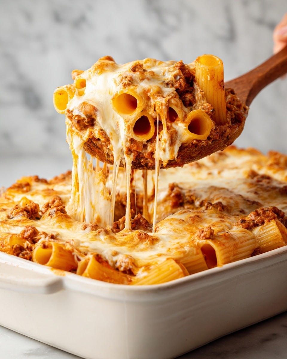 The image shows a white ceramic square baking dish filled with baked pasta. The pasta is rigatoni, covered in an orange tomato-based sauce mixed with bits of ground meat, and topped with a layer of melted, slightly browned white cheese. The pasta fills the dish in one even layer with the cheese spread across the top, showing some of the sauce underneath. The dish is placed on a light grey surface that is replaced with a white marbled texture, with green herbs in a wooden bowl to the left and a yellow plate with grated cheese on the upper right. Photo taken with an iphone --ar 4:5 --v 7