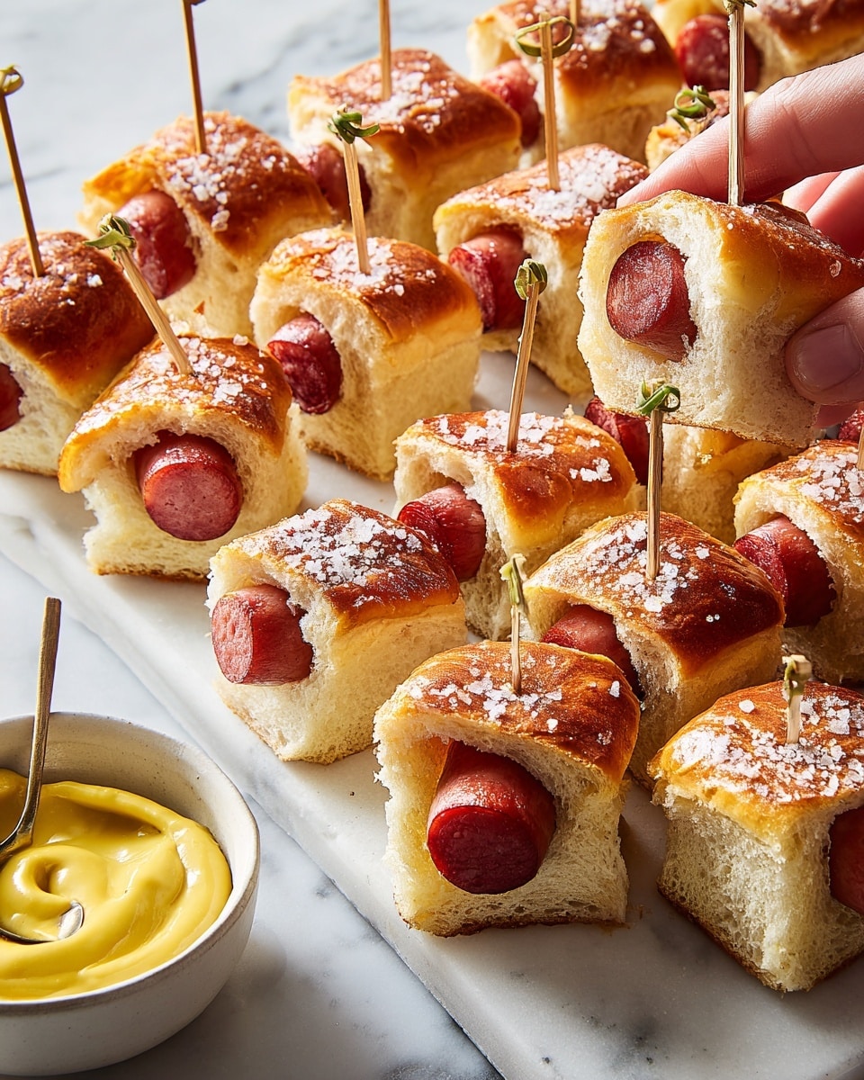 The image shows several mini sausages wrapped in golden brown, shiny dough sprinkled with coarse sea salt. Each piece has one sausage inside a spiral or partially wrapped bread layer, with the ends of the sausages visible. The sausages are reddish-pink, and the bread is soft and fluffy looking. Some pieces are secured with toothpicks decorated with small green and red tops. There is a small metal cup filled with yellow mustard on the side, and the background is a white marbled surface. photo taken with an iphone --ar 4:5 --v 7